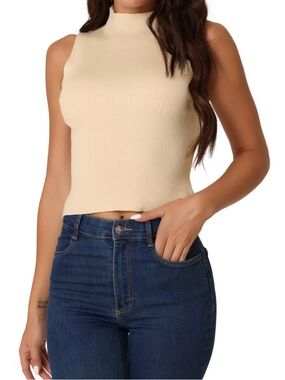 Bundle of 2 Mock Neck Sleeveless Ribbed Knit Crops and 1 U Neck Fitted Crop